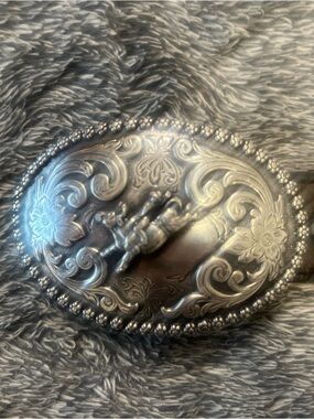 Nocona Kids Western Leather Belt Size 18 Bull Rider Trophy Buckle Floral Silver